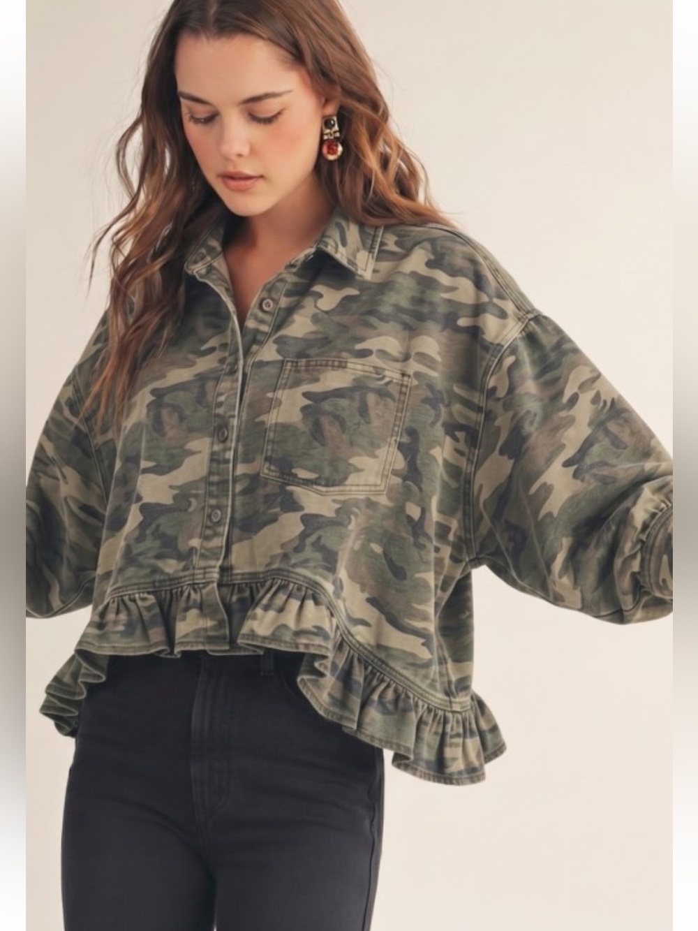 445. Camouflage washed denim ruffle top
